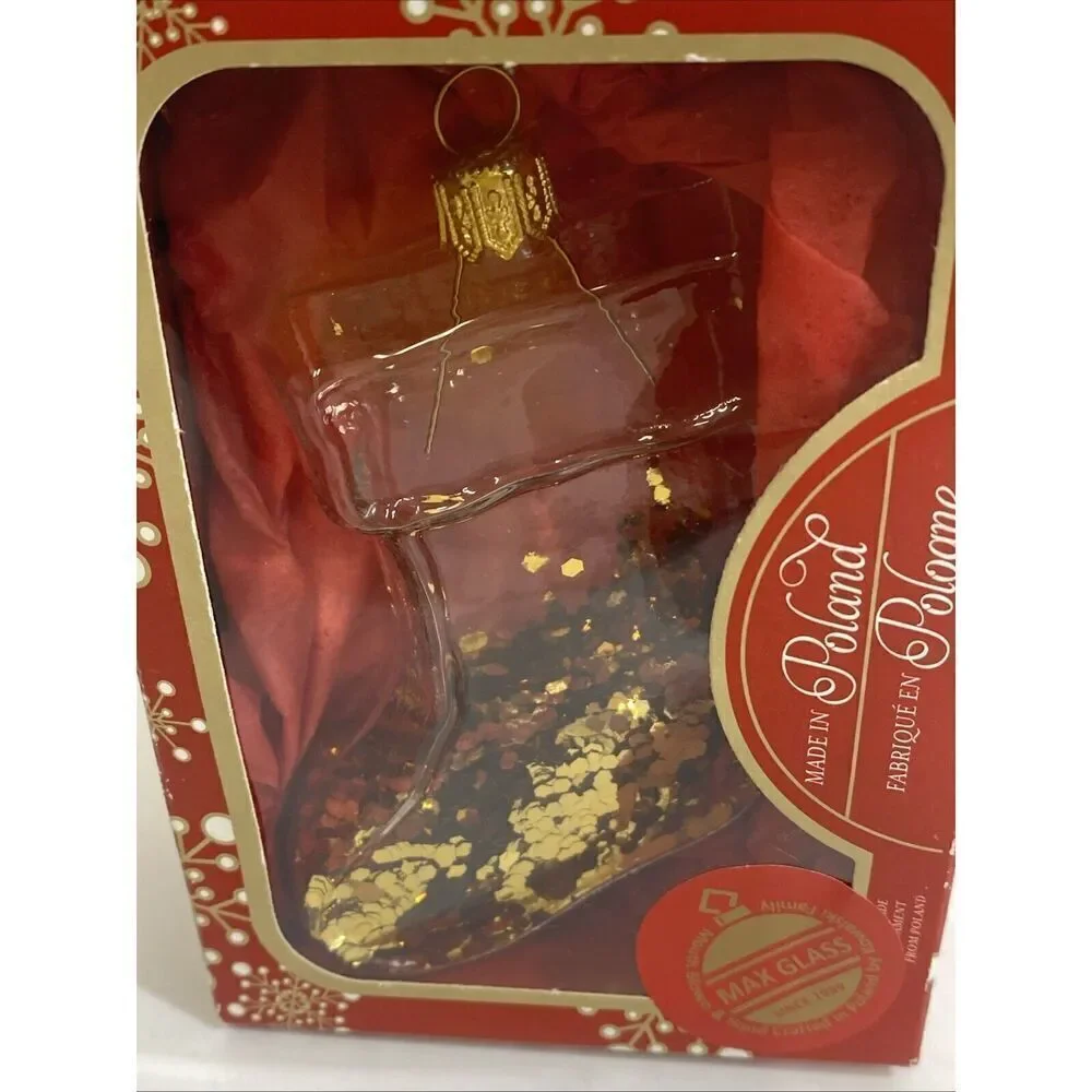 Hand Blown Christmas Ornament Kowalski Poland Glitter Filled Clear Stocking